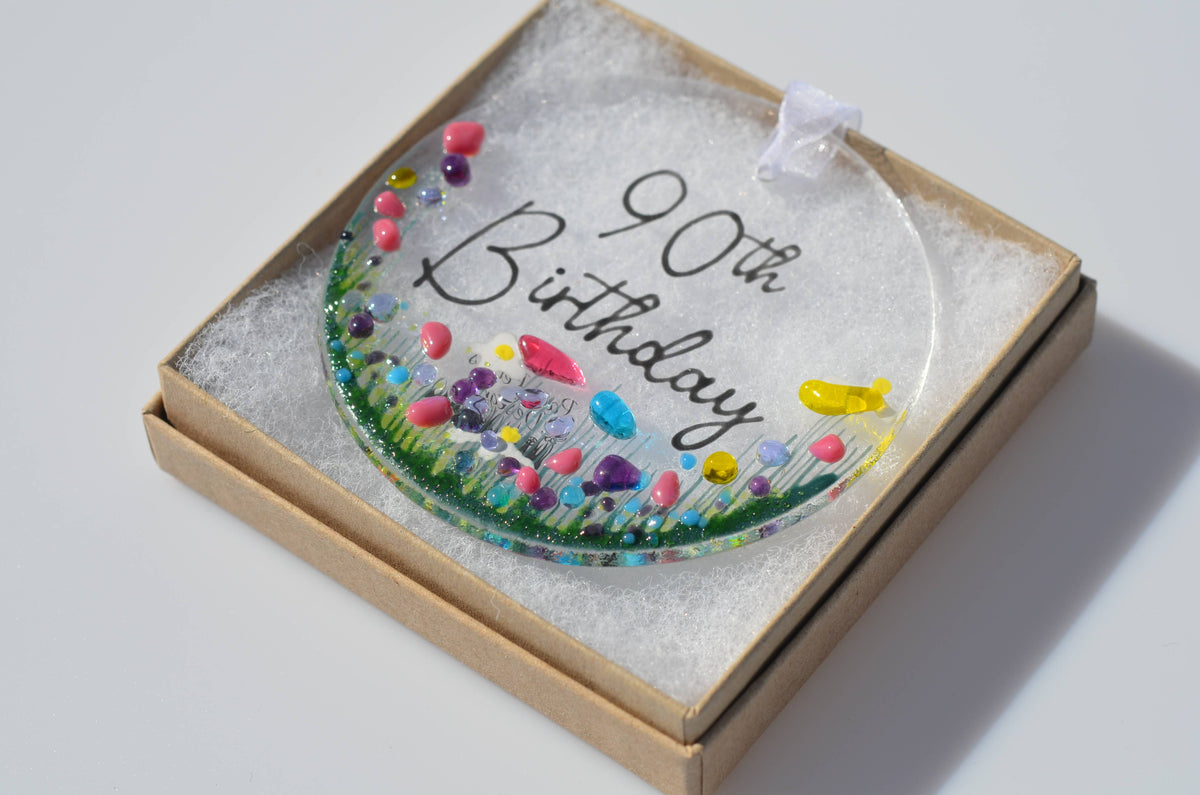 Handmade Fused Glass Hanging Dec - '90th Birthday'