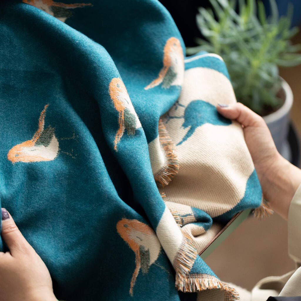 Cashmere Blend Robin Bird Scarf: Teal/Beige