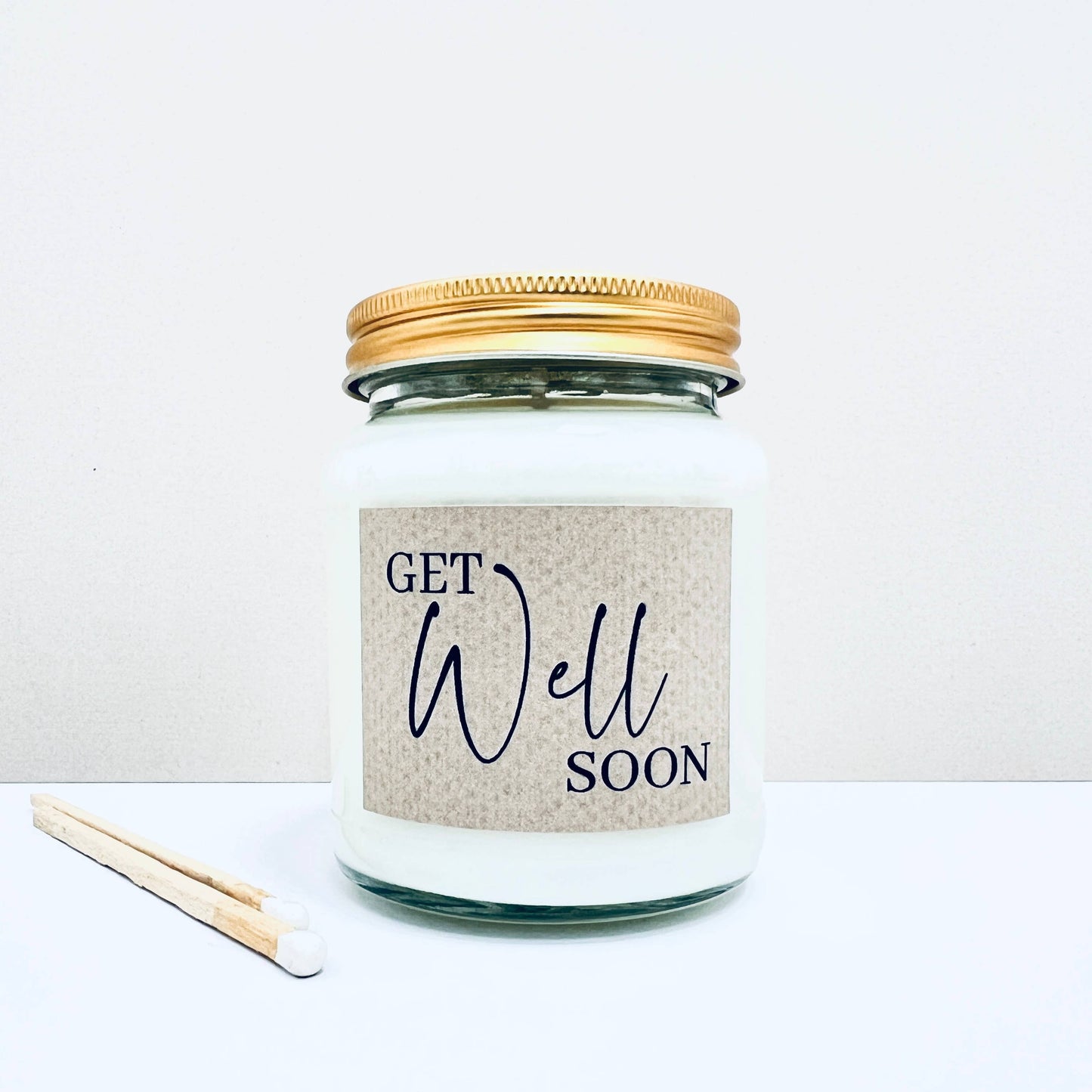 Get well soon - Gift Set handmade soy scented candle: Linen and Driftwood, Gift Boxed with a mini jar of matches.