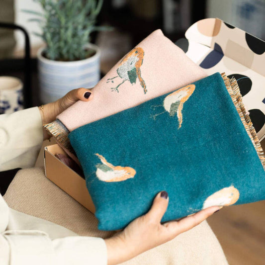 Cashmere Blend Robin Bird Scarf: Teal/Beige