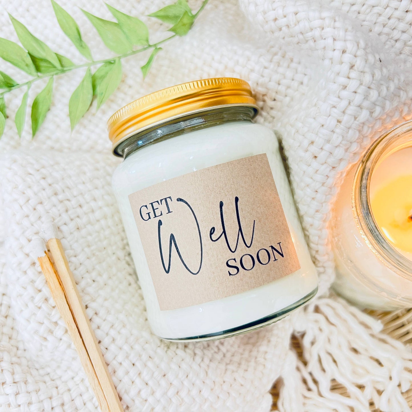 Get well soon - Gift Set handmade soy scented candle: Linen and Driftwood, Gift Boxed with a mini jar of matches.