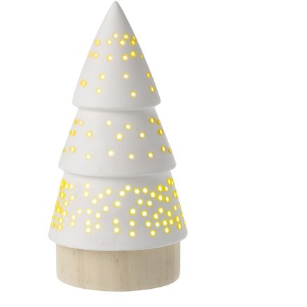 White Light Up Tree On Wooden Base