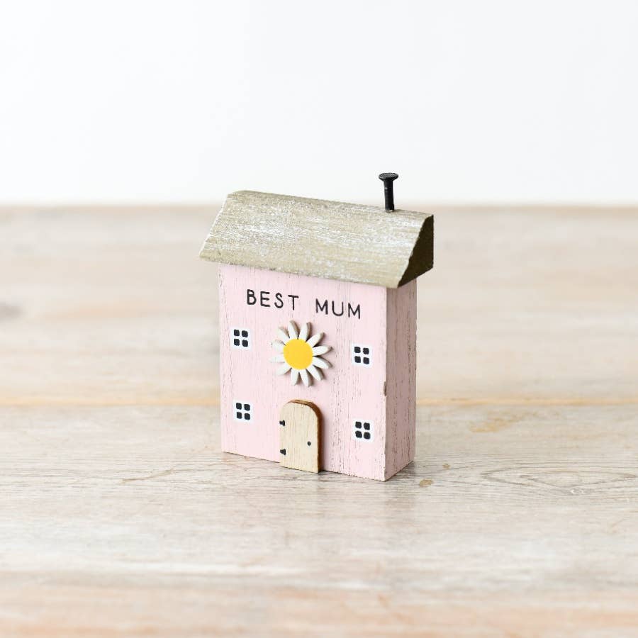 Pink 'Best Mum' Wooden House Block, 8.5cm