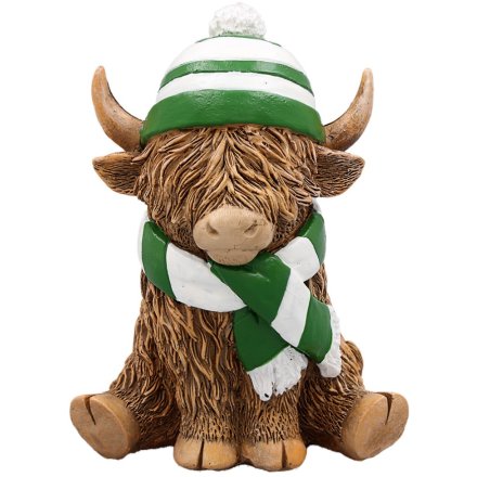 Highland Cow with Green & White Scarf & Hat