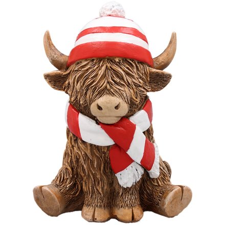 Highland Cow with Red & White Scarf & Hat