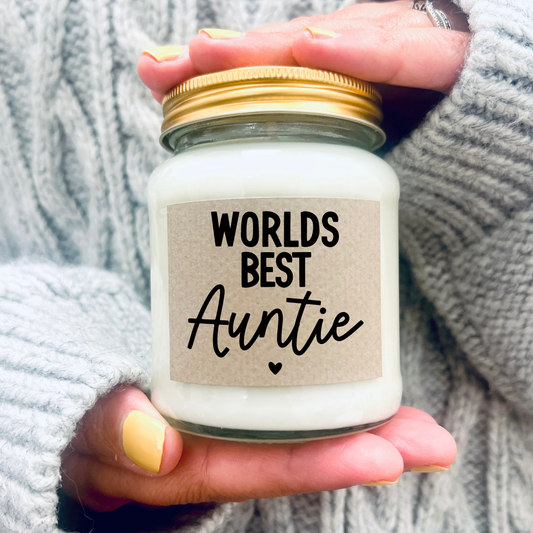 Worlds Best Auntie handmade soy scented candle: Coconut Milk and Sea Salt