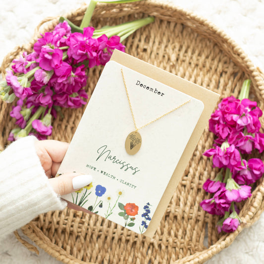 December Narcissus Birth Flower Necklace on Greeting Card