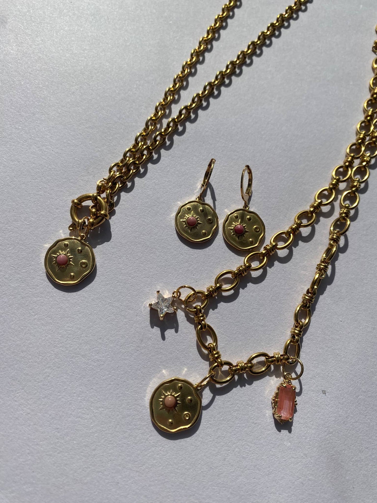 Celestial disk multi charm necklace