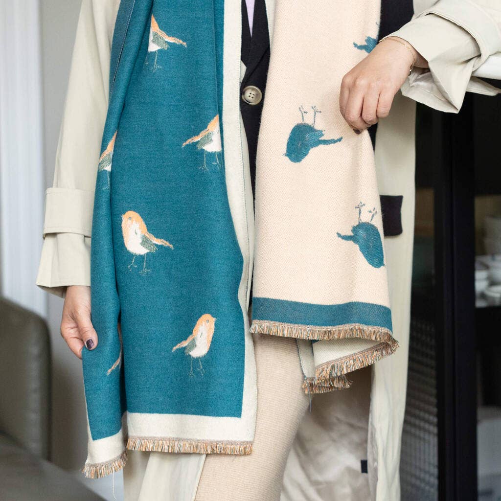 Cashmere Blend Robin Bird Scarf: Teal/Beige