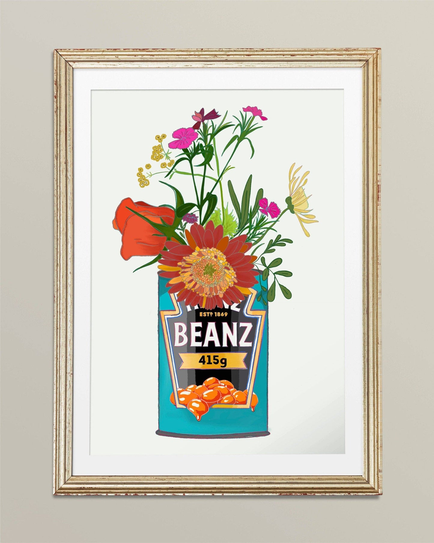 Baked Beans and Cottage Garden Flowers Art Print: White / A4