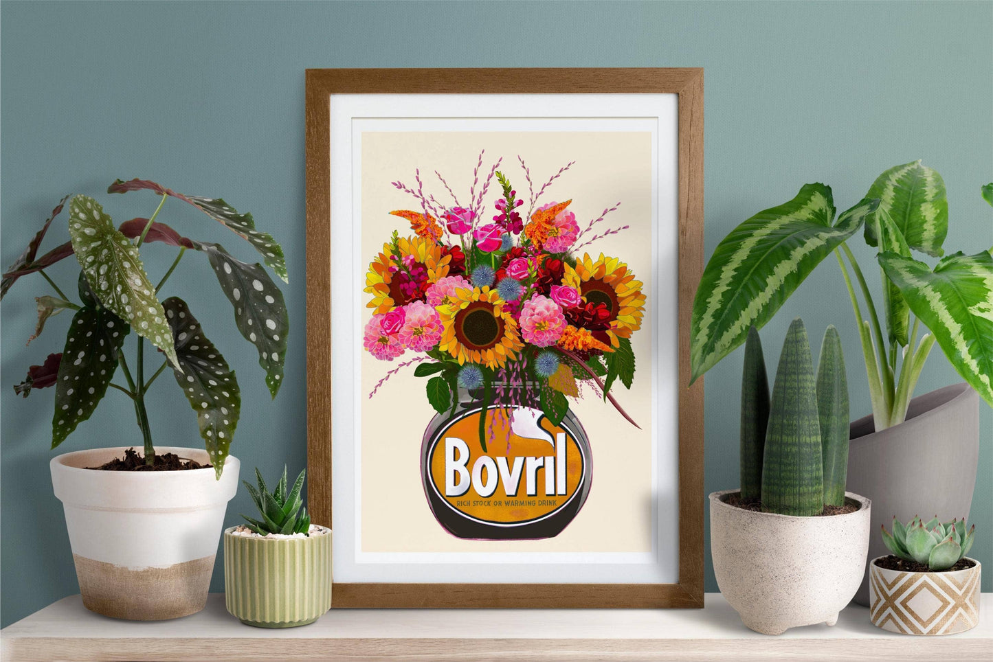 Colourful bovril With Sunflowers Dahlias & Roses Art Print/Poster: Light Cinnamon / A4