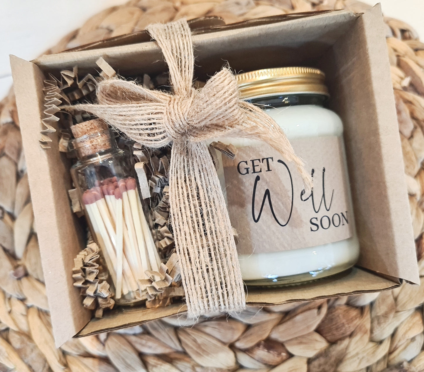 Get well soon - Gift Set handmade soy scented candle: Linen and Driftwood, Gift Boxed with a mini jar of matches.