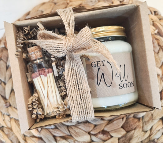Get well soon - Gift Set handmade soy scented candle: Linen and Driftwood, Gift Boxed with a mini jar of matches.