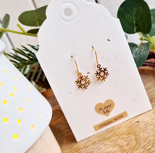 Laser Cut Snowflake - 925 Sterling Silver, Gold Plated Plain Earrings