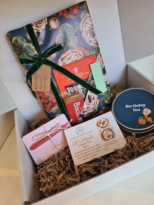 Birthday Hamper - Mystery Book, Cream Tea Voucher, Birthday Tea Bags and wish candle