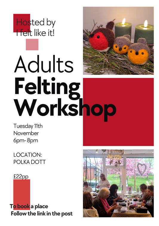 Adults Felting Workshop Tuesday 11th November 6pm - 8pm