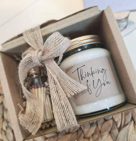 Thinking of You - Gift Set handmade soy scented candle: Coconut Milk & Sea Salt- Gift Boxed with a mini jar of matches.