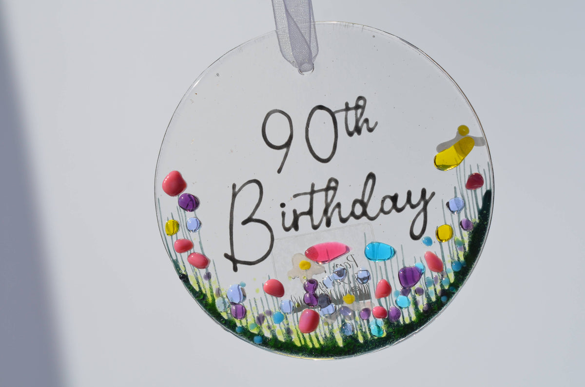 Handmade Fused Glass Hanging Dec - '90th Birthday'