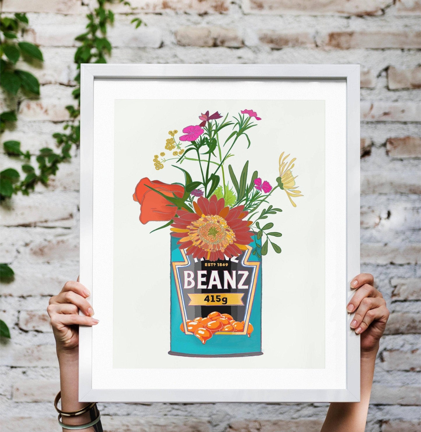 Baked Beans and Cottage Garden Flowers Art Print: White / A4