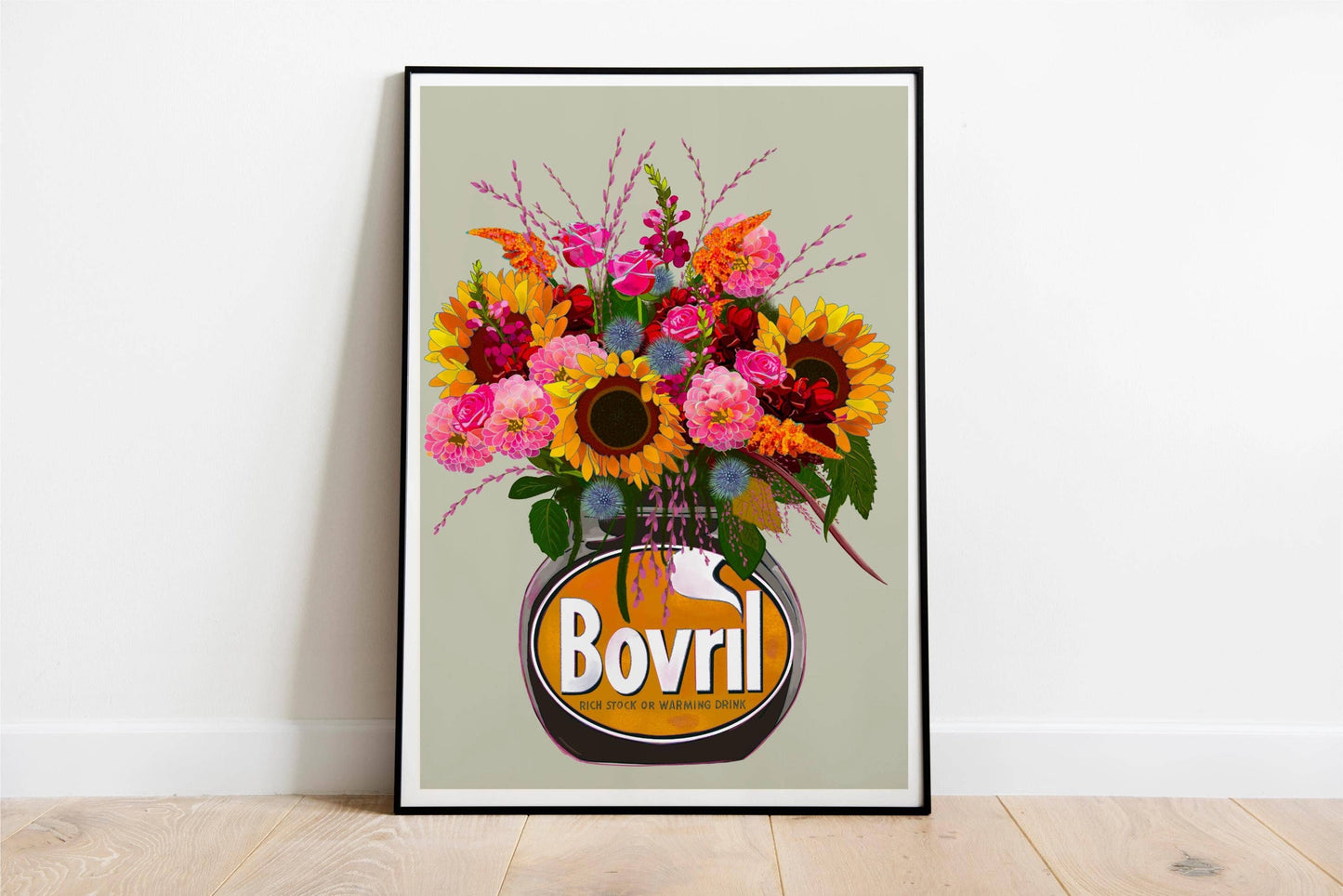 Colourful bovril With Sunflowers Dahlias & Roses Art Print/Poster: Light Cinnamon / A4