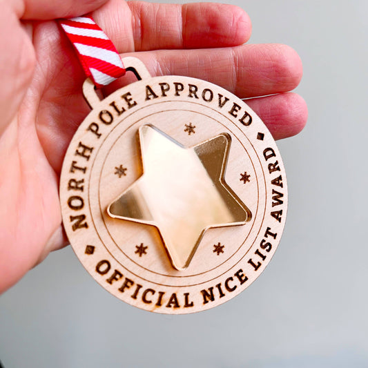 Santas nice list wooden engraved award medal