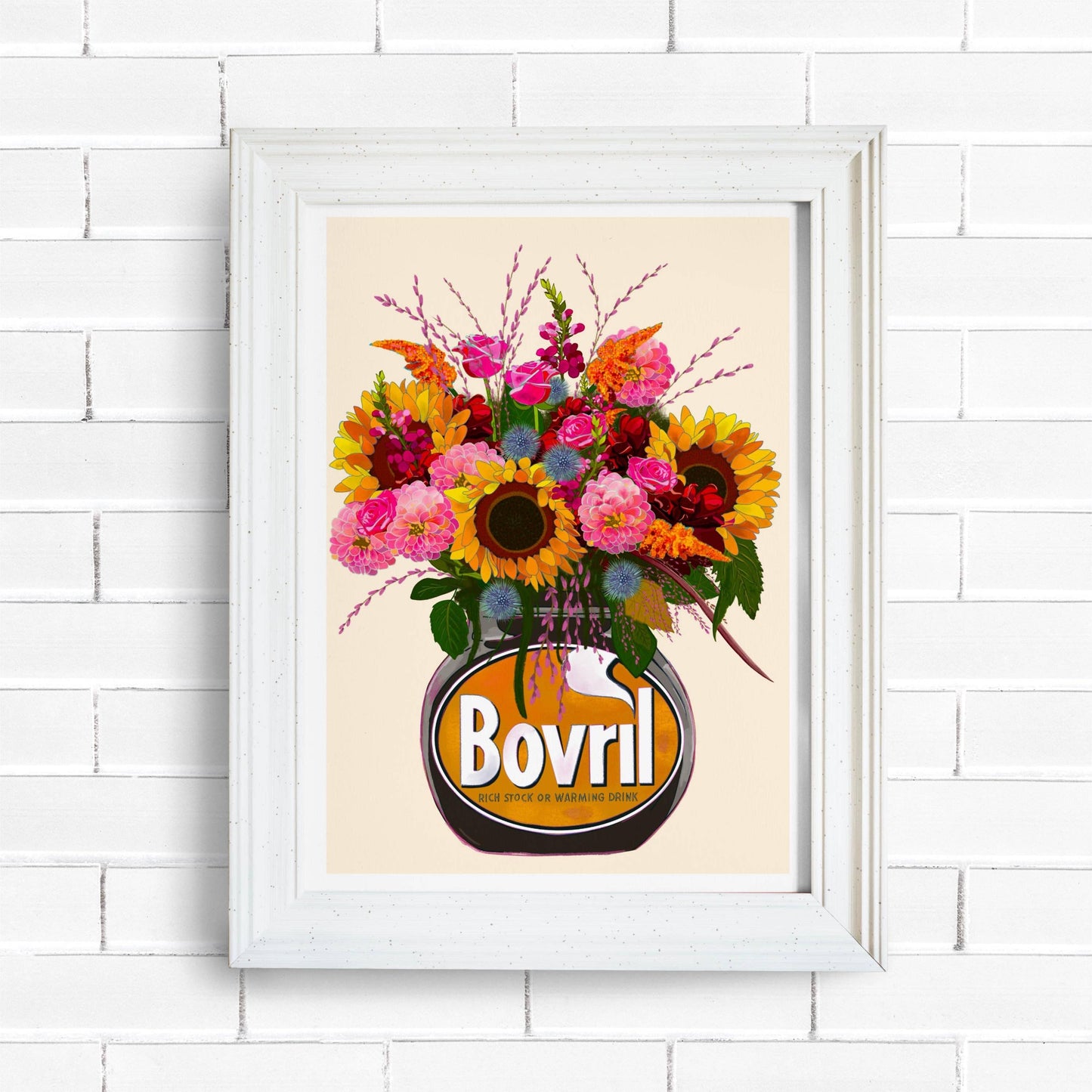 Colourful bovril With Sunflowers Dahlias & Roses Art Print/Poster: Light Cinnamon / A4