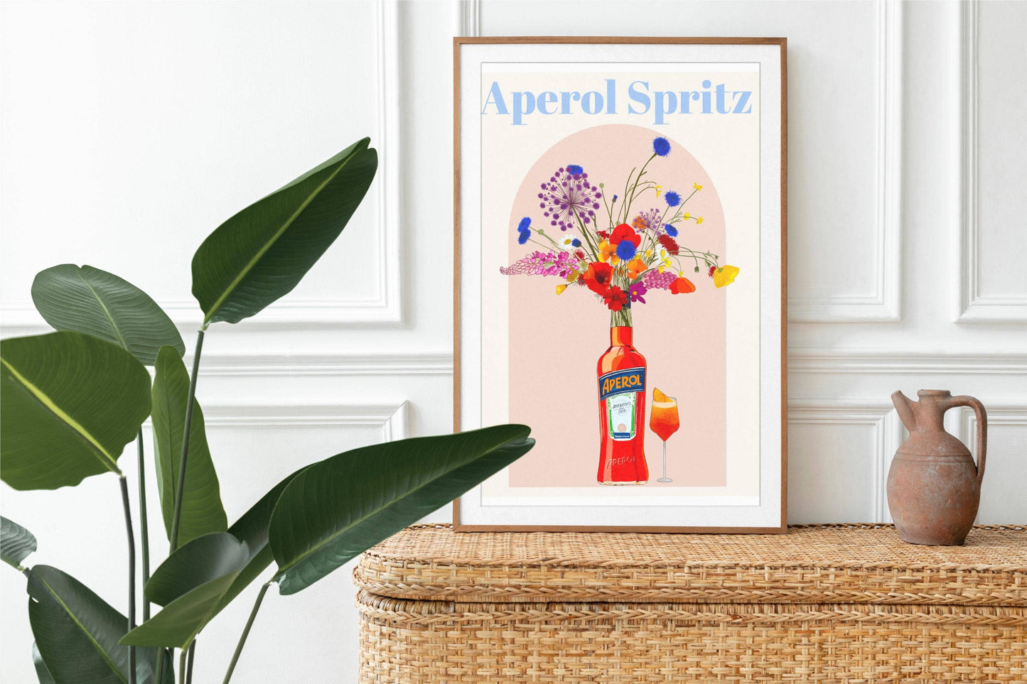 Aperol Spritz and wild flowers Retro cocktail Poster, Unframed: A4