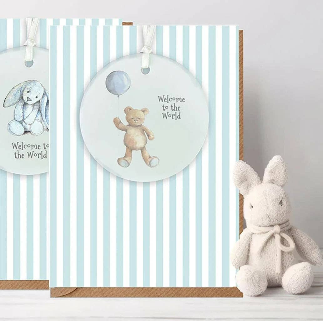 Ceramic Keepsake Decoration - Baby Boy Gift Greeting Card With Teddy Bear Balloon Ornament