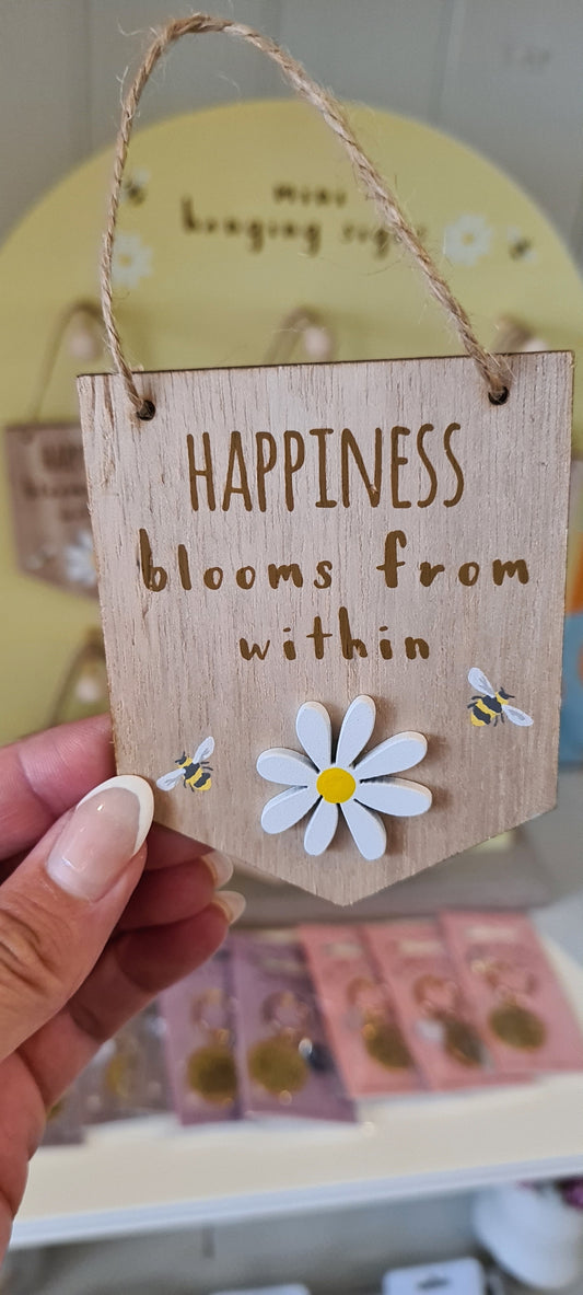 Mini Wooden Hanging Sign, Happiness Blooms from within