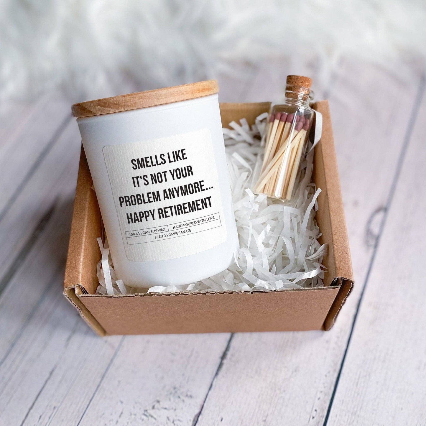 Retirement gift Scented Candle Funny gift for her him: White with wooden lid / Vanilla