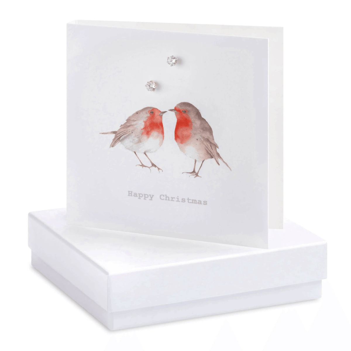 Sterling Silver Stud Earrings – Classic 925 Silver Studs With Robin Christmas Card Gift Box: White