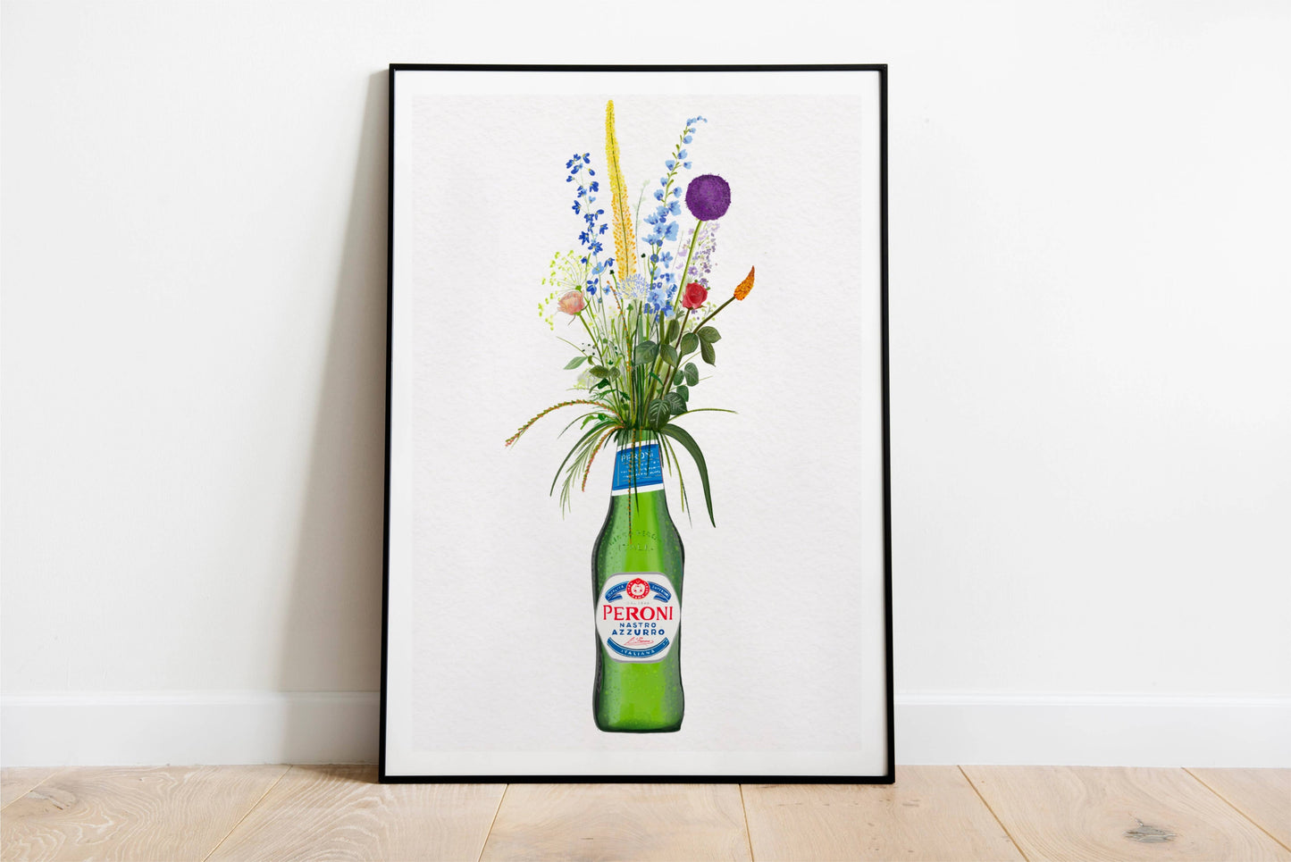 Bottle of Peroni and Cottage Garden Flowers kitchen or bar Art Print/Poster: A4