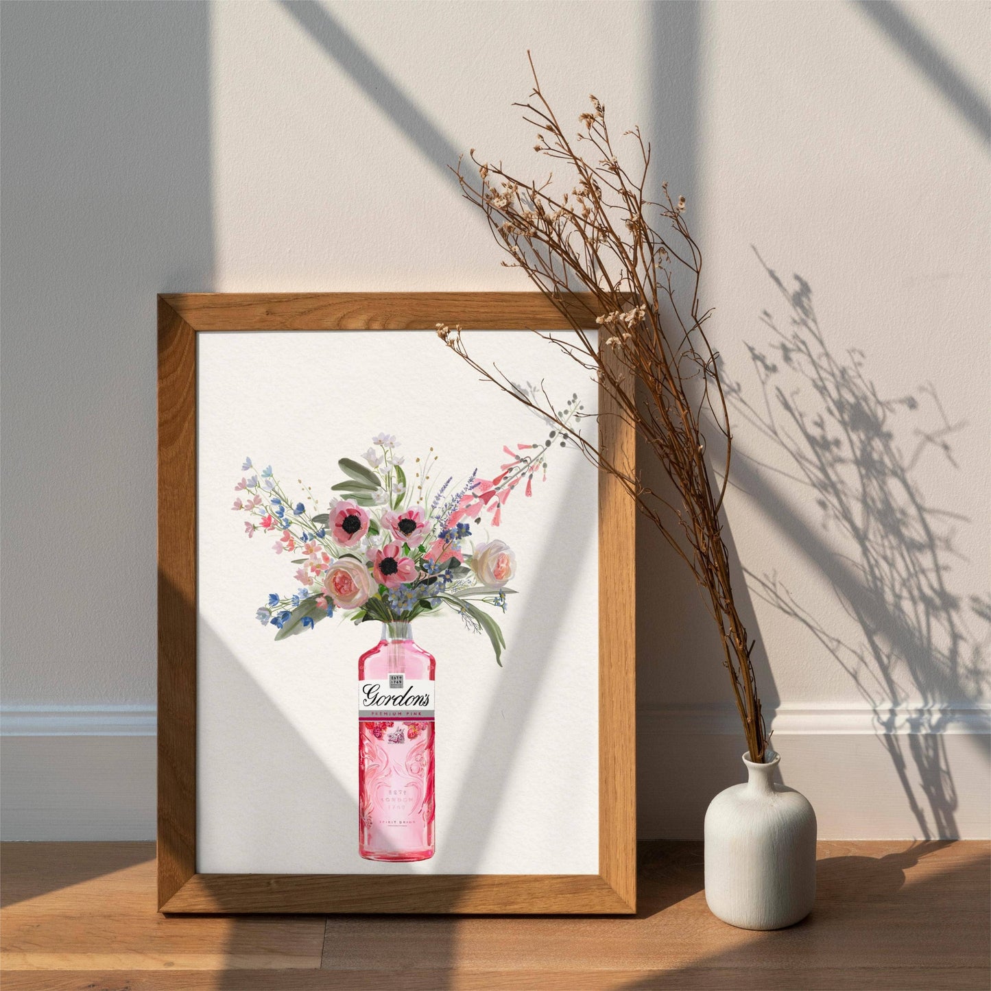 Pink Gin Bottle and Cottage Garden Flowers, Unframed Kitchen Art Print/Poster: A4