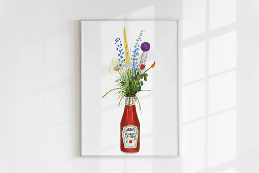 Bottle of ketchup and cottage garden flowers Art print: A4