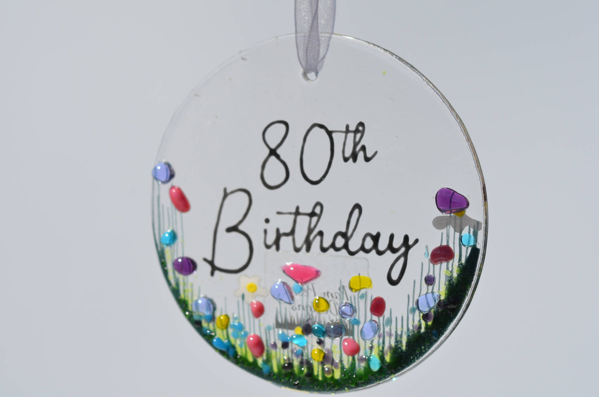 Handmade Fused Glass Hanging Dec - '80th Birthday'