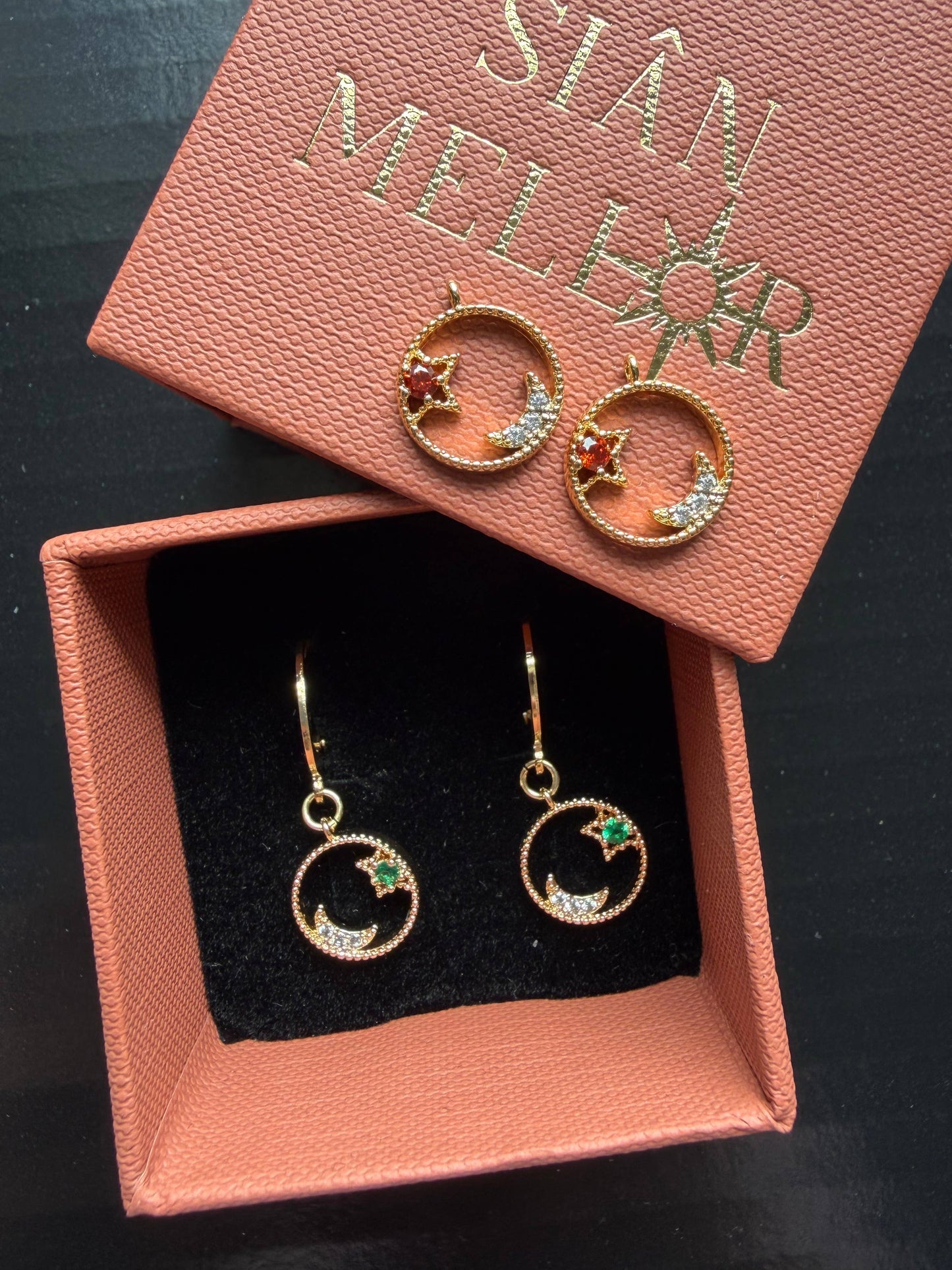 Small celestial circle huggie hoop earrings : Green
