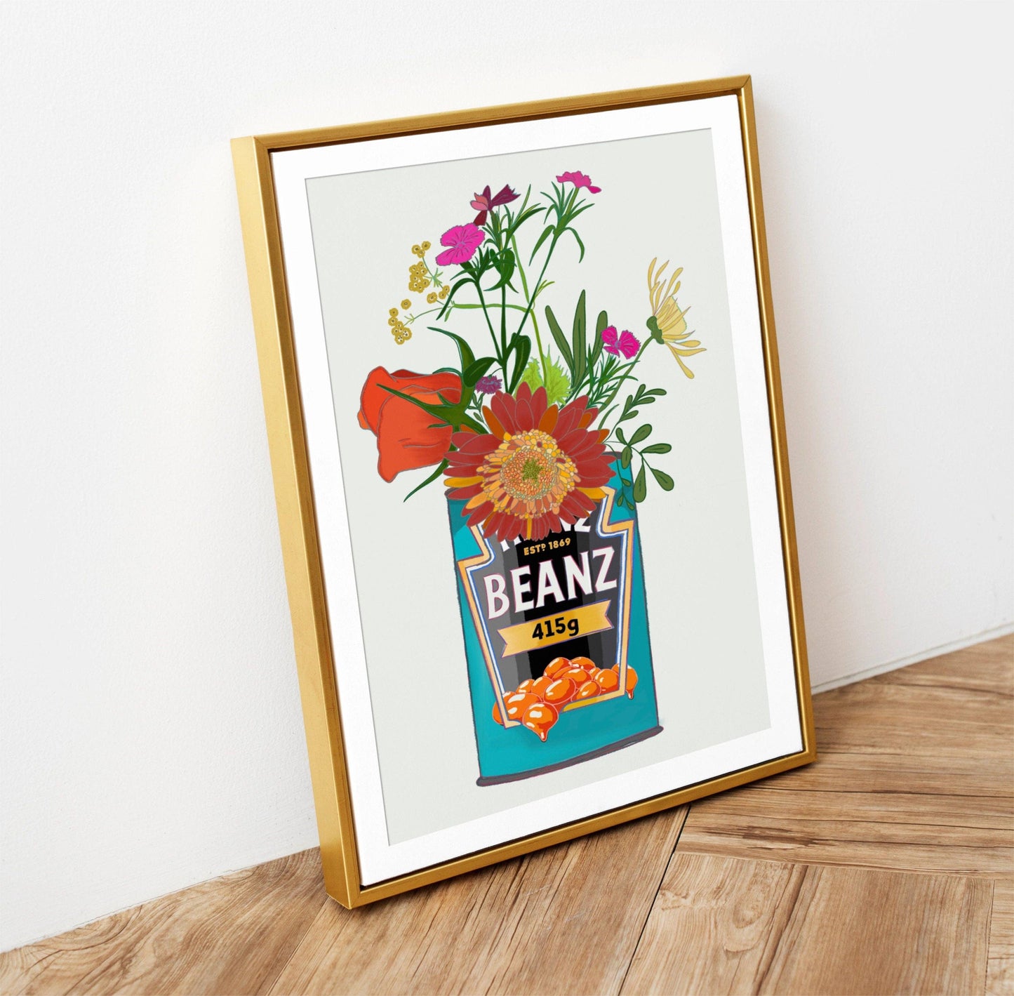 Baked Beans and Cottage Garden Flowers Art Print: White / A4