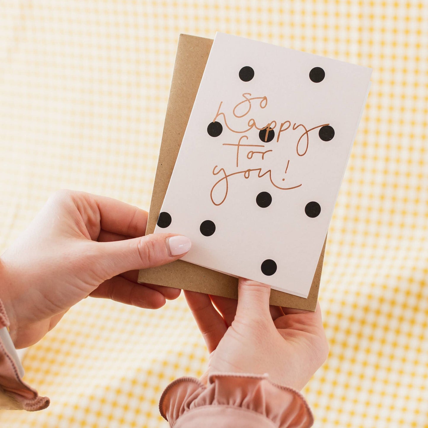 'So Happy For You!’ Black Polka Dot + Rose Gold Foil Card