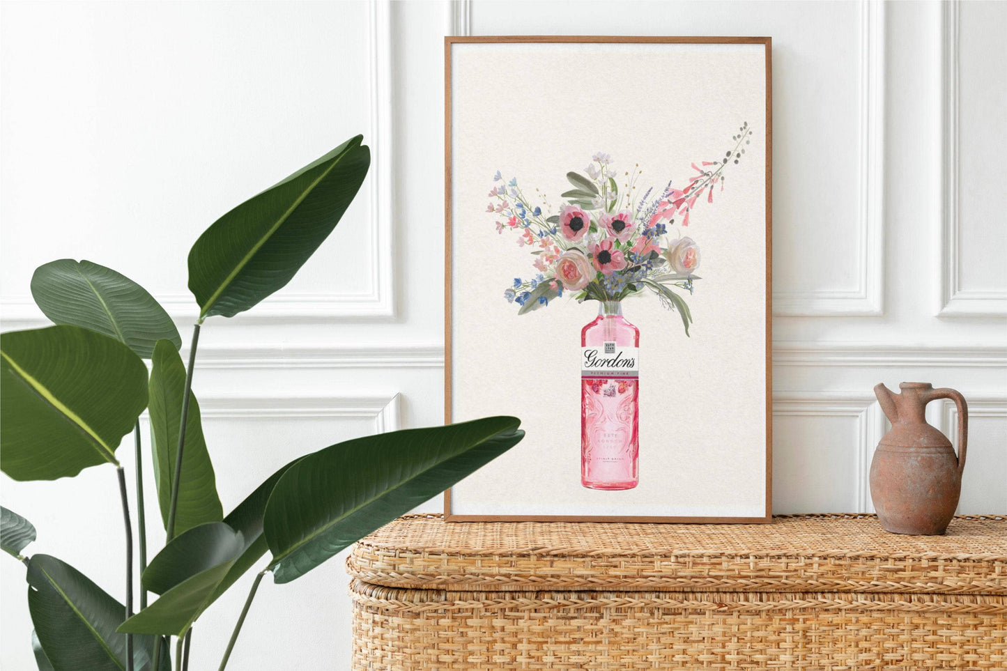Pink Gin Bottle and Cottage Garden Flowers, Unframed Kitchen Art Print/Poster: A4