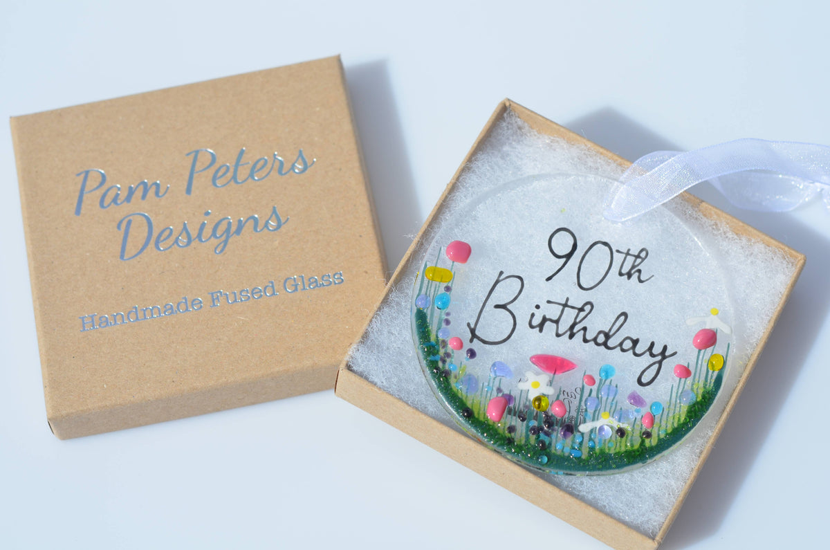 Handmade Fused Glass Hanging Dec - '90th Birthday'