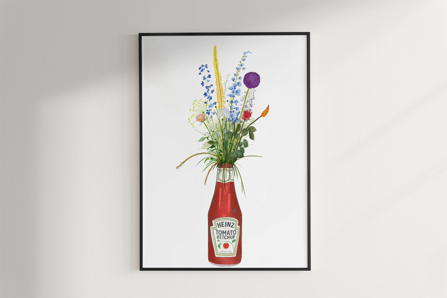 Bottle of ketchup and cottage garden flowers Art print: A4
