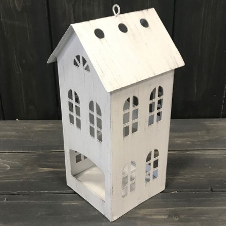 RUSTIC WHITE T-LIGHT HOUSE, 20.5CM