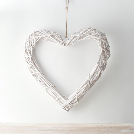 RUSTIC WHITE WICKER HEART, 50CM LARGE