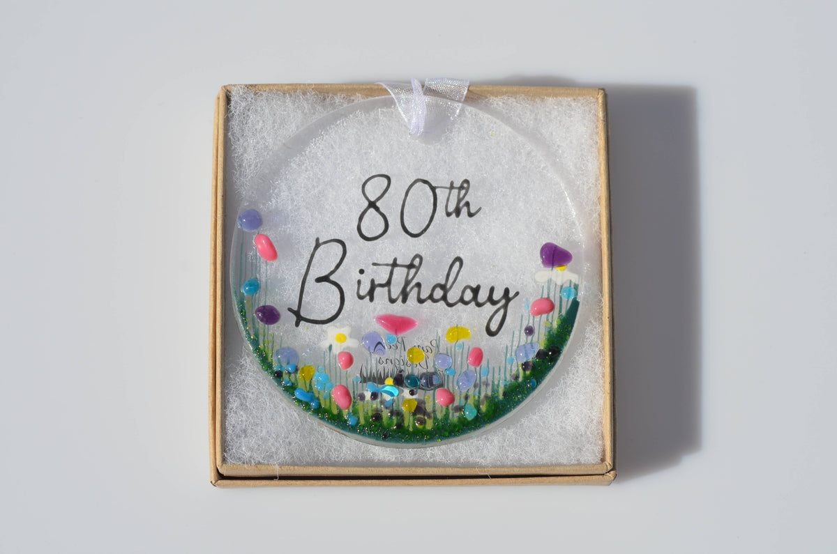 Handmade Fused Glass Hanging Dec - '80th Birthday'