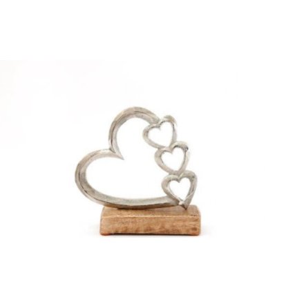 14cm Silver Hearts On Wood Base