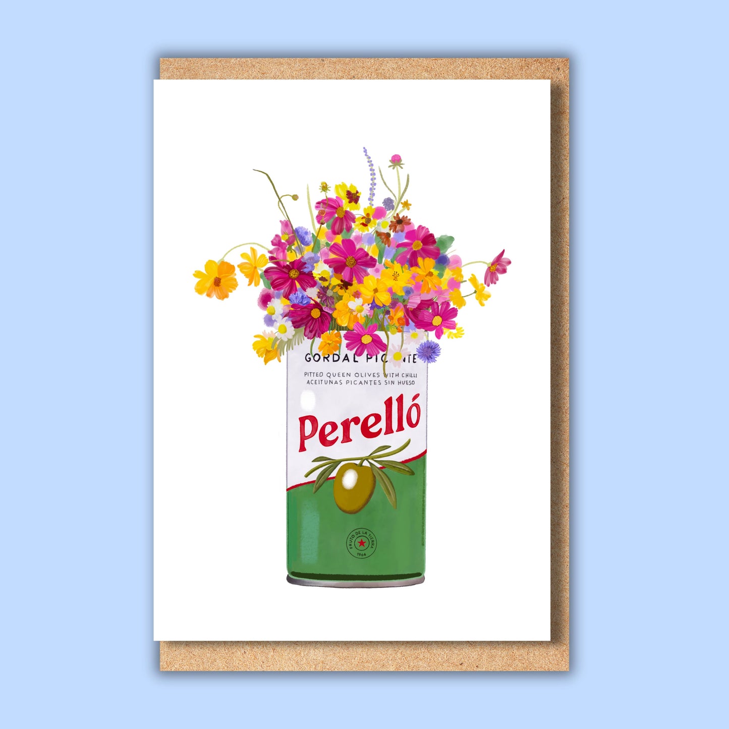 Spanish olive tin and colourful wildflowers A6 Card