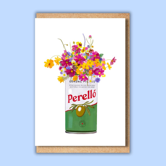 Spanish olive tin and colourful wildflowers A6 Card