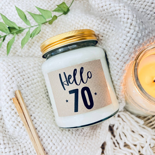 70 Milestone birthday age handmade soy scented candle: Linen and Driftwood