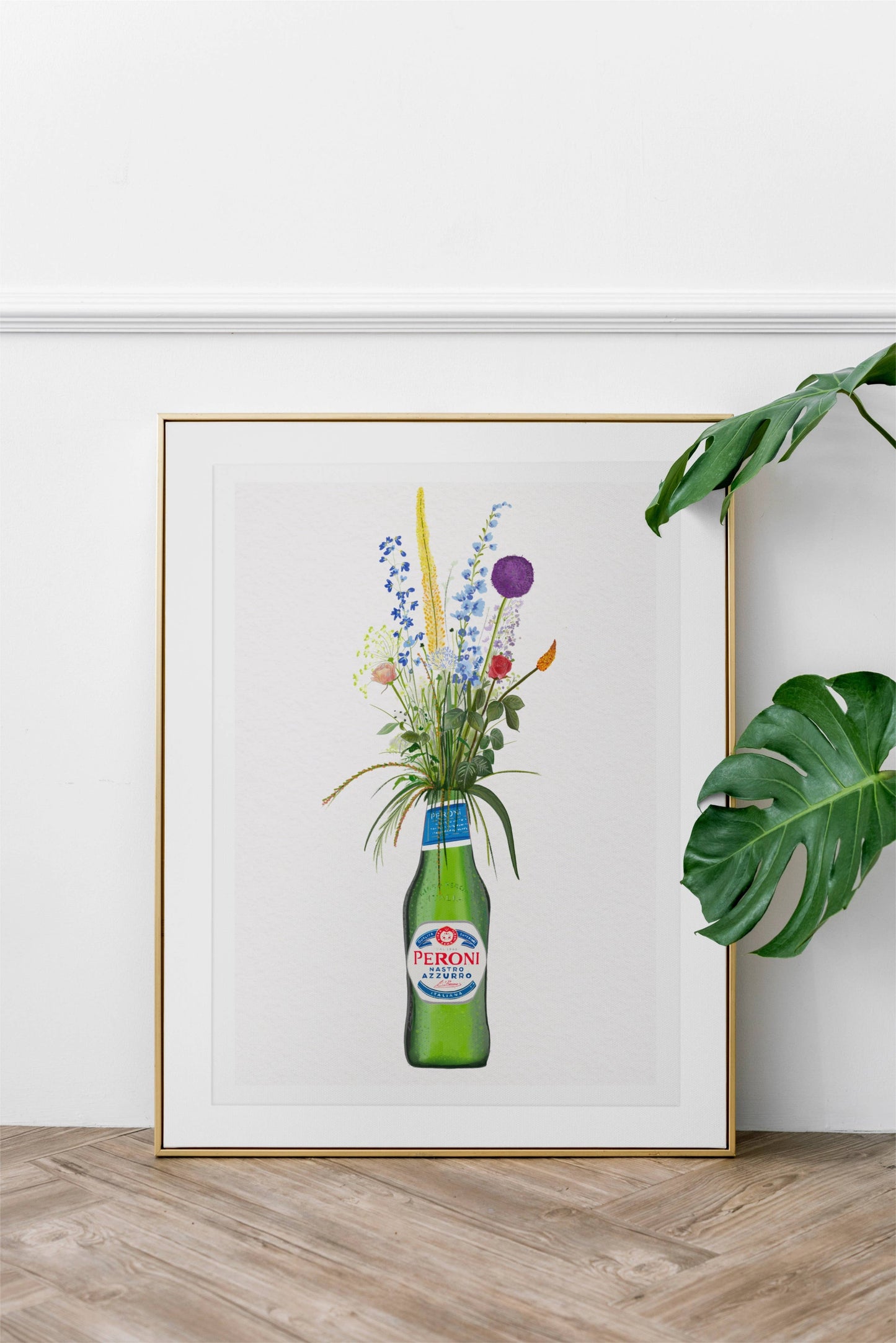 Bottle of Peroni and Cottage Garden Flowers kitchen or bar Art Print/Poster: A4