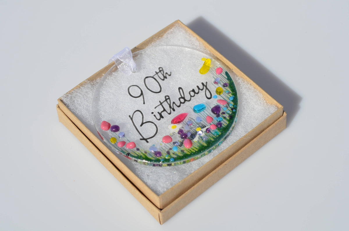 Handmade Fused Glass Hanging Dec - '90th Birthday'